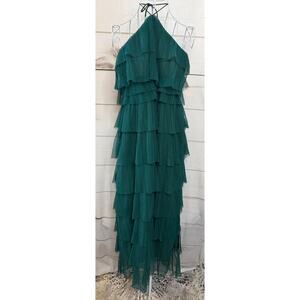 FORE Gorgeous Green Tiered Pleated Maxi Formal Party Holiday Sz M Tie Neck